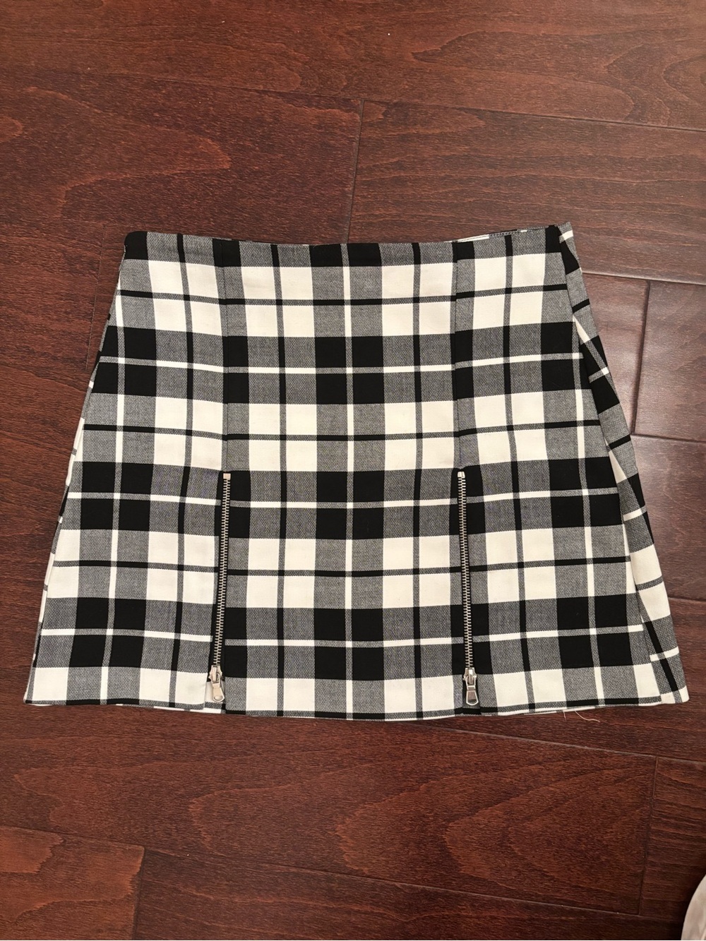 Zara Black and White Plaid Mini Skirt with Dual Front Zippers
